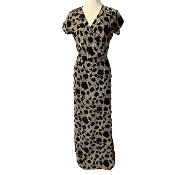 Parker Long Maxi Dress S Small Silk Short Sleeve Long Flowy Black Brown - Picture 1 of 10